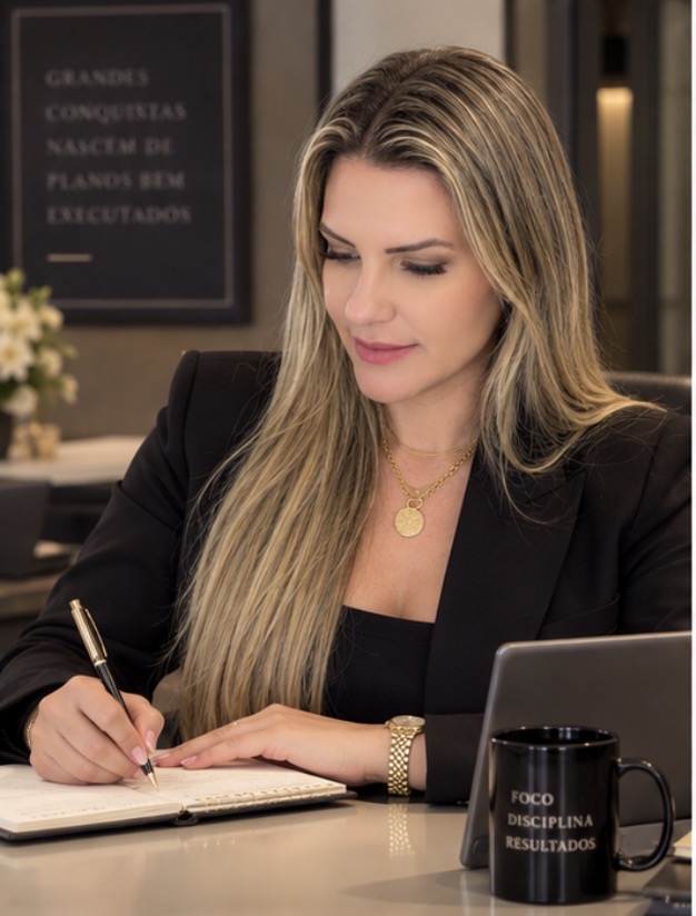 Queila Andrade trabalhando no escritório da AD3